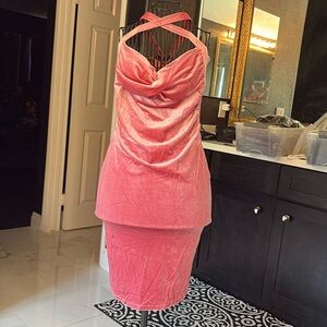 1950s style criss cross rockabilly pinup velvet pink fitted dress Hollywood glam